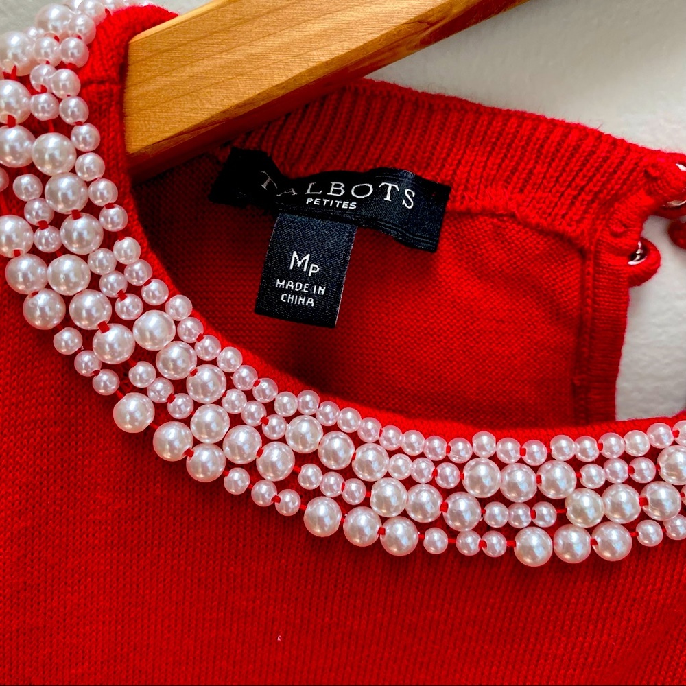 Talbots Holiday Pearl Neckline Red Sweater PM Petite Medium Christmas